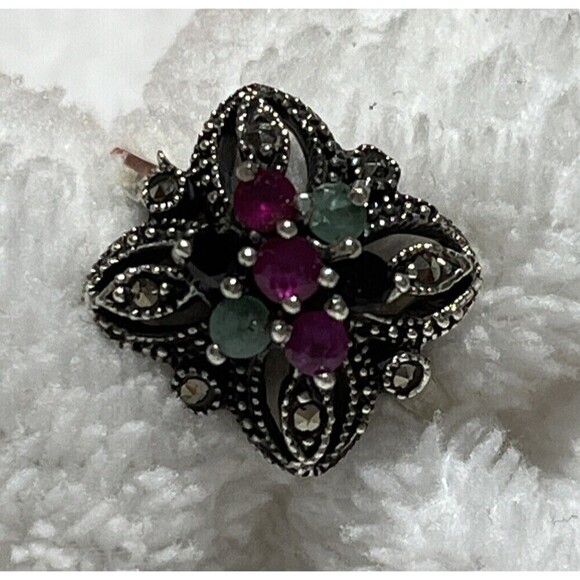 925 Sterling Cocktail Ring Pink Sapphire Aventurine Sapphire Marcasite Sz 6.75 - Picture 1 of 8